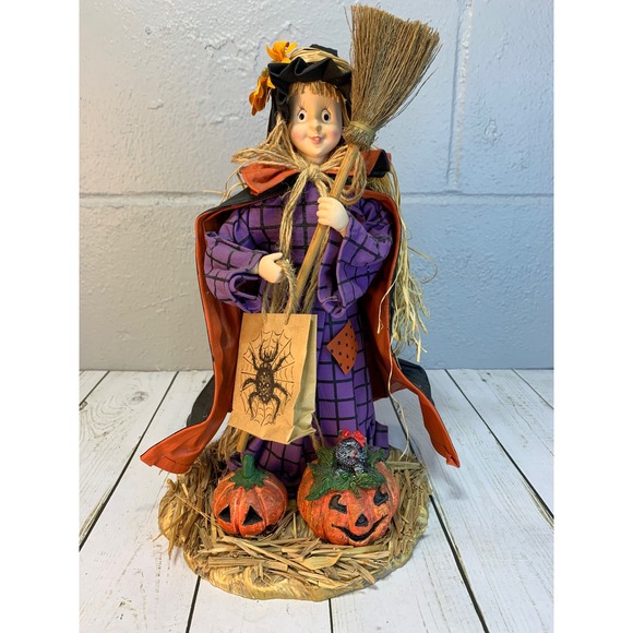 Other - Vintage Halloween Witch Figurine with Broom, Pumpkins, & Spider Bag Decor